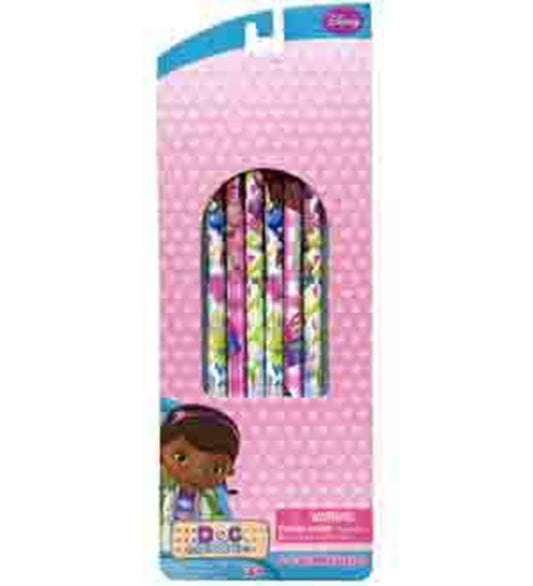 Set of six wood pencils featuring colorful Doc Mcstuffins designs on a pink polka dot background.