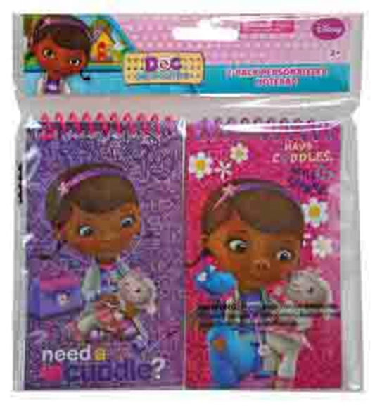 Two 3x5 spiral memo pads with Doc McStuffins foil covers, featuring purple and pink backgrounds, cartoon characters, and.