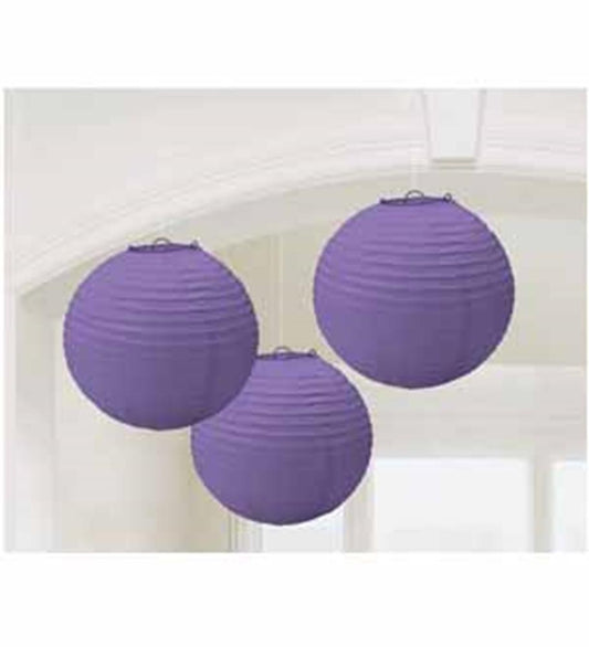 Set of three round purple paper lanterns, each 9 inches in diameter, with ribbed texture and metal frames for hanging.