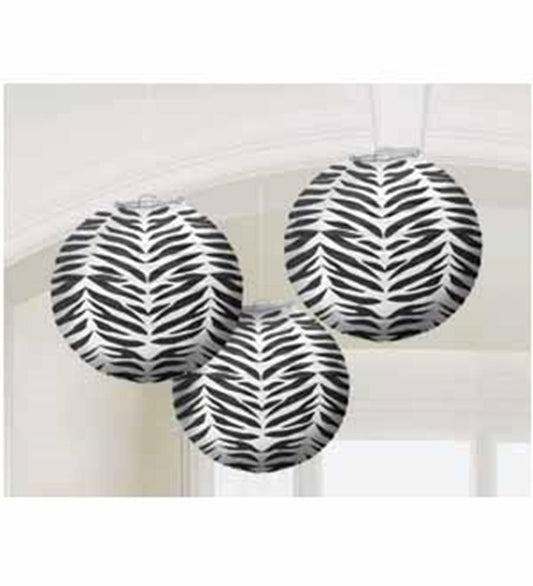 Set of three 9-inch round paper lanterns with black and white zebra stripe pattern.