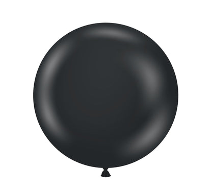 Matte black 24-inch round latex balloon with a smooth finish, tied at the bottom.