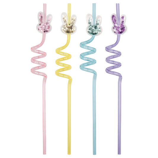 Easter Glitter Bunny-Topped Plastic Spiral Straws 4ct