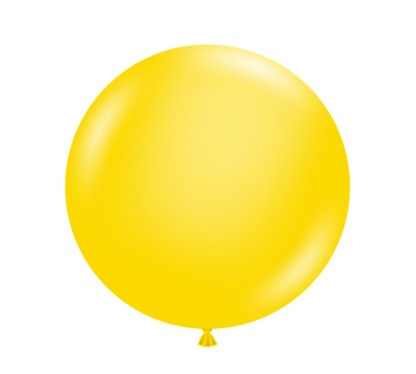 Bright yellow 24-inch round latex balloon with smooth, glossy finish and tied end.