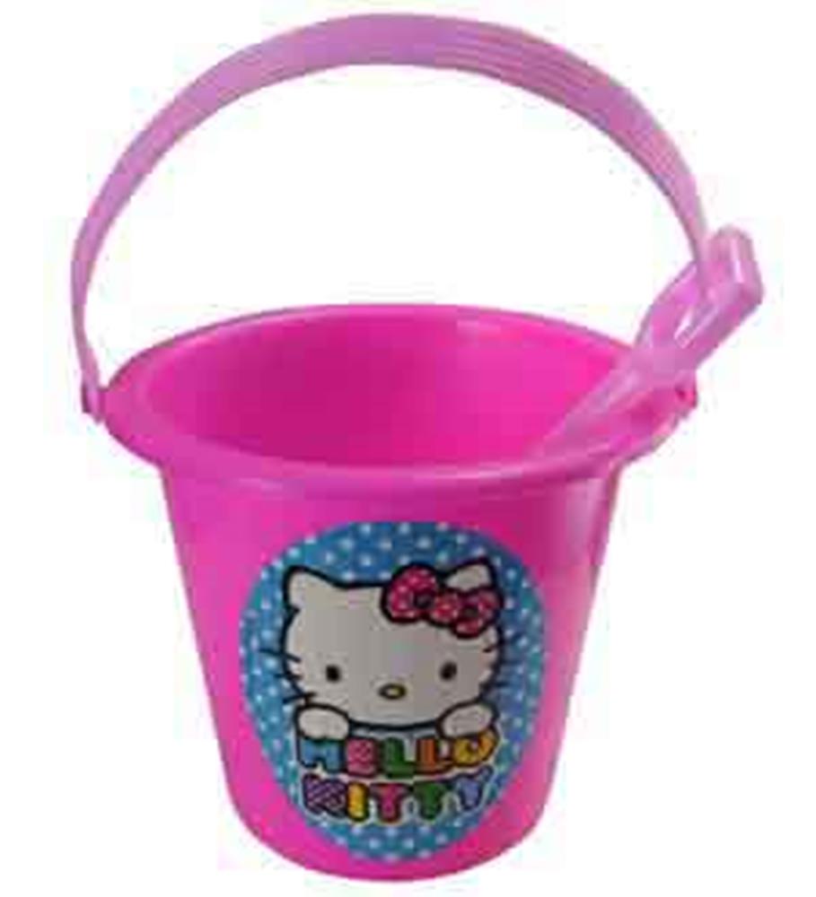 Bright pink plastic sand bucket with Hello Kitty graphic and matching pink shovel attached to handle.