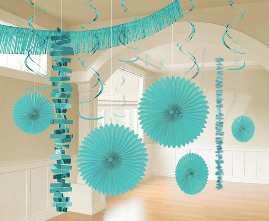 Pastel robin’s egg blue paper fan decorations with matching spiral streamers and fringe garland hanging from ceiling.
