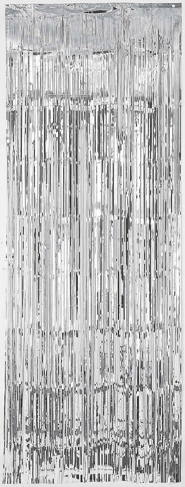 Silver metallic fringe curtain with vertical shiny strands for party decoration.