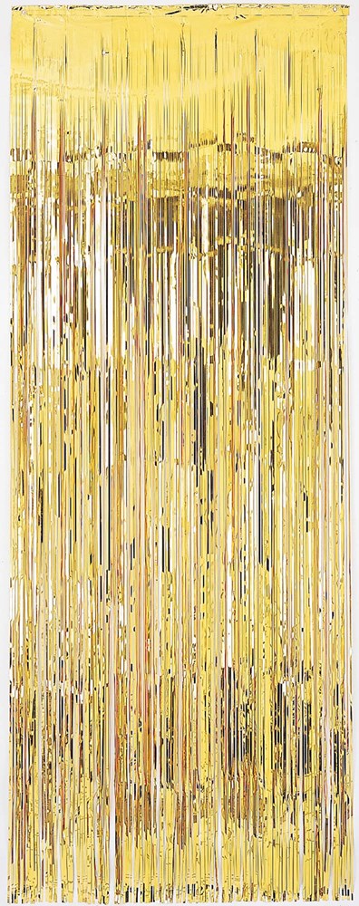 Gold metallic fringe curtain with long vertical strips, shiny and reflective surface.