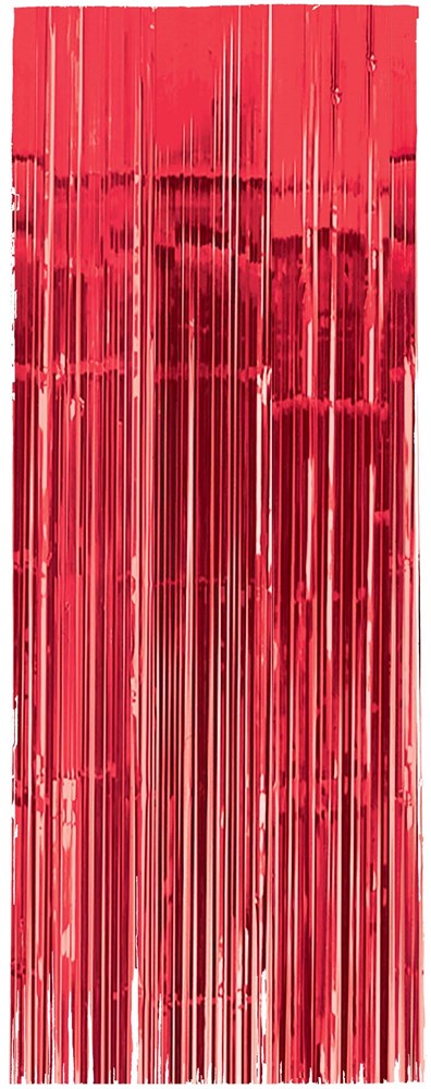 Metallic shiny red fringe curtain with long vertical strips for party decoration.