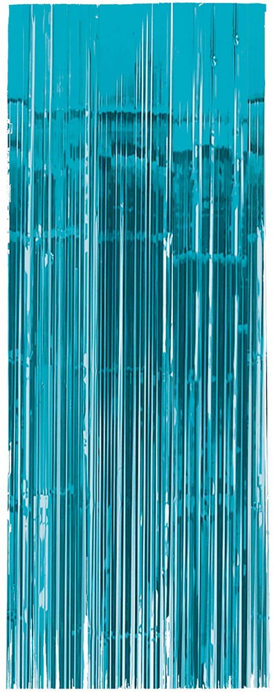 Caribbean blue metallic fringe curtain 3ft by 8ft with vertical strips.