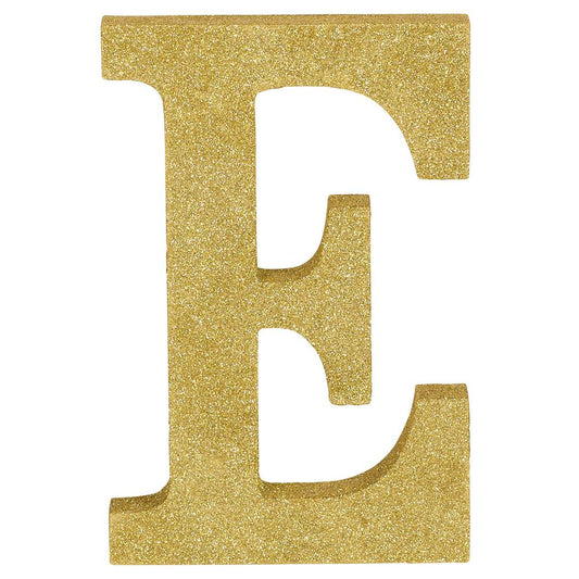 Gold glitter decorative letter E, 8.875 inches tall, flat wooden cutout with smooth edges.