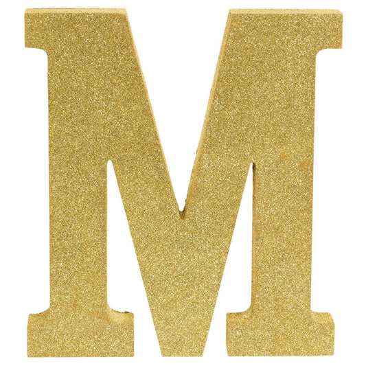 Gold glitter decorative letter M with bold serif font, 8.875 inches tall, 1 inch thick.
