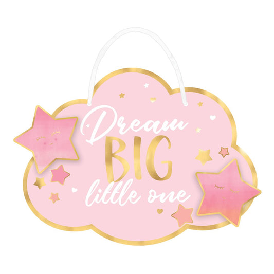 Pink cloud-shaped hanging sign with gold edges, white and gold script text, and two pink star accents.