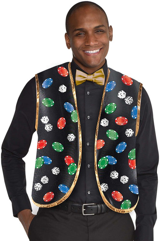 Black vest with multicolored poker chip prints and gold trim over black shirt, paired with gold bow tie.