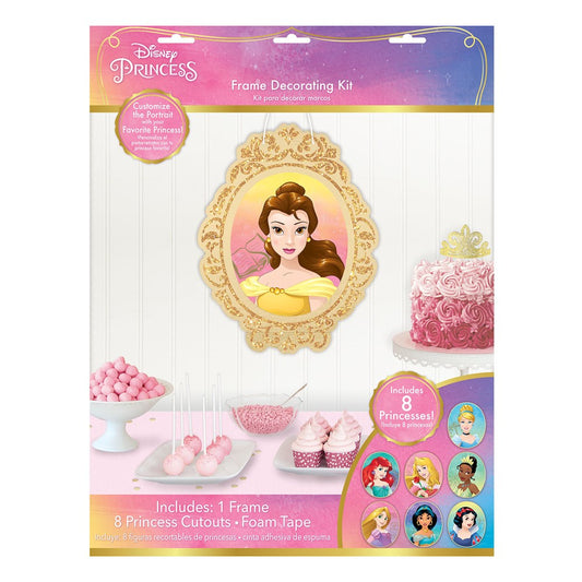 Disney Princess glitter wall frame featuring Belle with a gold ornate border, pink gradient background, and matching.