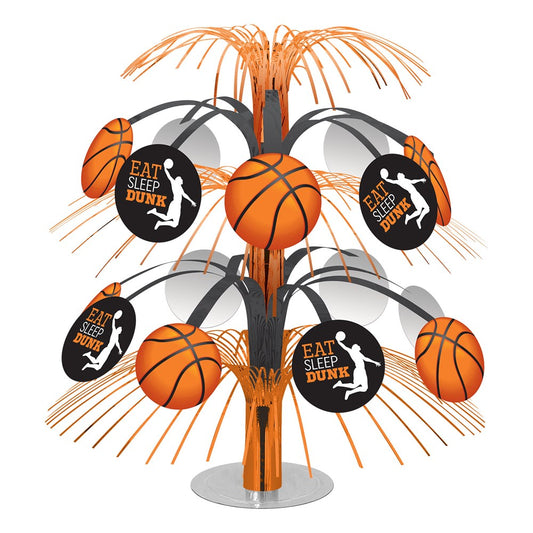 Orange and black basketball-themed centerpiece with basketballs and round signs on a metallic silver base.