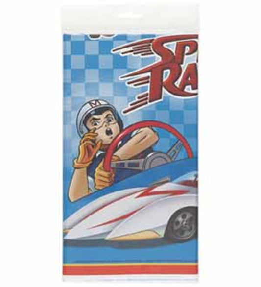 Blue checkered Speed Racer tablecover with cartoon racer and white racecar graphics.