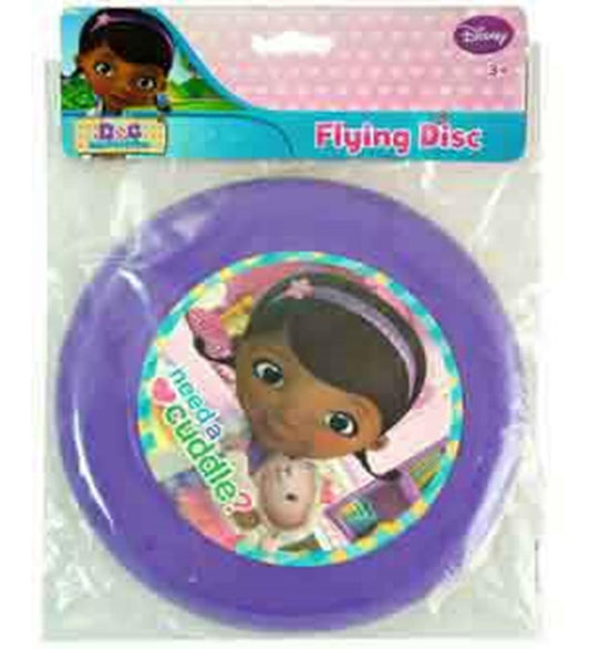 Purple plastic flying disc featuring Doc McStuffins with Lambie in colorful circle center design.
