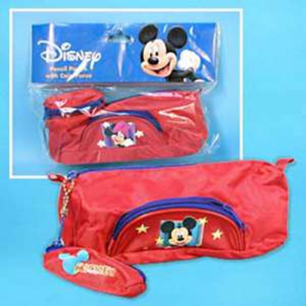 Red rectangular fabric pencil pouch with blue zipper, featuring smiling Mickey Mouse patch and small attached pouch with.