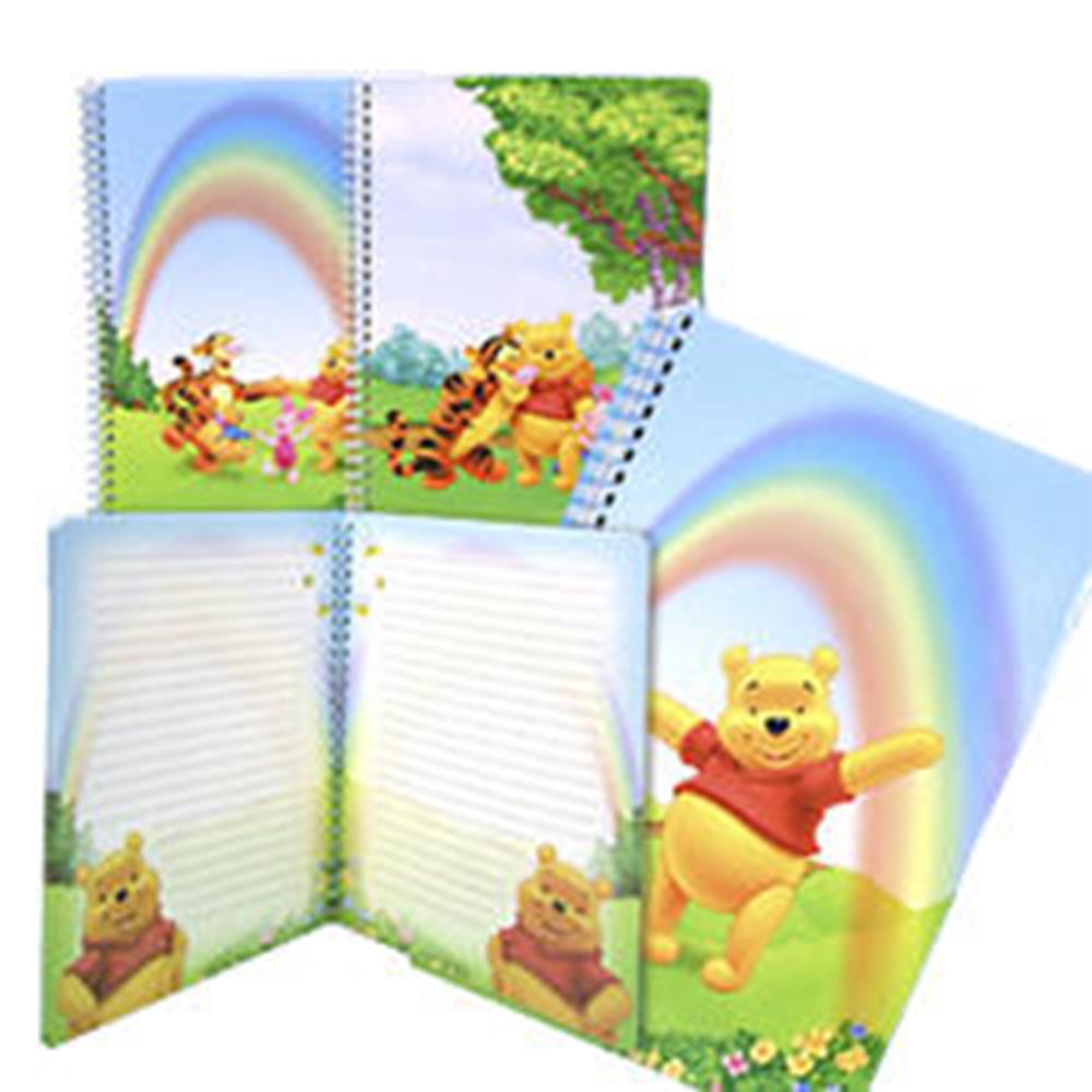 Spiral-bound notebook with Winnie the Pooh cover, rainbow sky, and lined pages featuring Pooh sitting on grass.