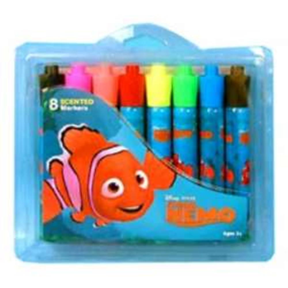 Set of 8 colorful scented markers with blue barrel featuring Nemo fish design in transparent plastic case.