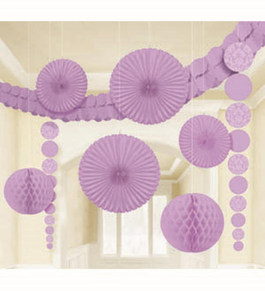Lilac paper hanging decorations including fans, honeycomb balls, and garlands in various sizes.