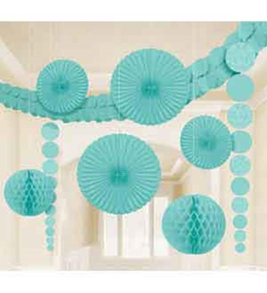 Robin's egg blue damask paper fan and honeycomb ball hanging decorations set.