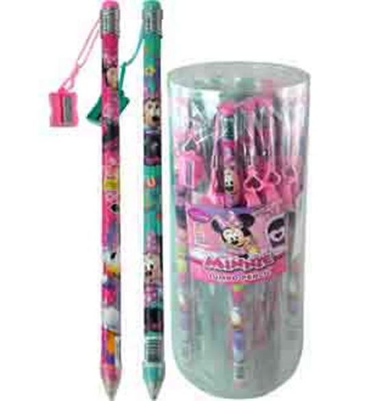 Set of colorful jumbo pencils featuring Minnie Mouse designs with pink erasers and attached sharpeners in clear cylindrical.