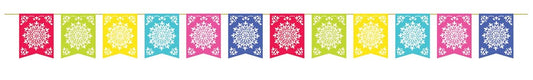 Colorful rectangular fabric flag banner with sun designs in pink, blue, green, yellow, and purple, hanging on a string.