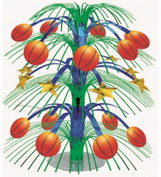 Colorful basketball-themed centerpiece with green cascading plastic strands, orange basketballs, and gold stars.