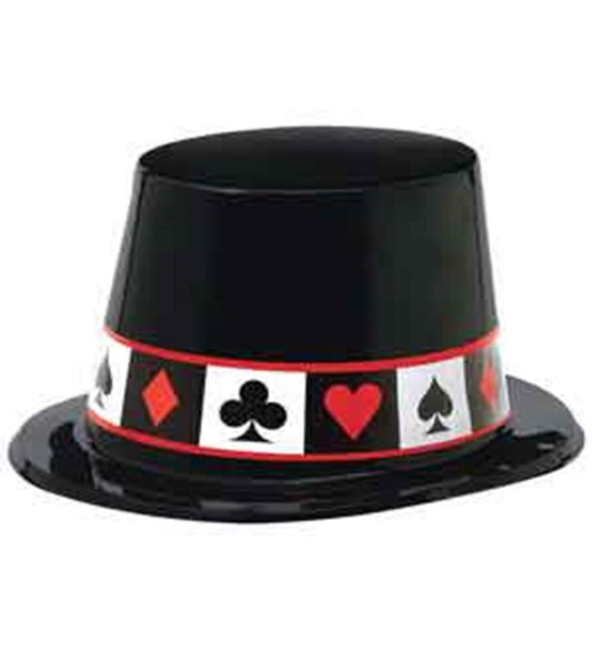 Black plastic casino-style hat with red, black, and white card suit symbols band.