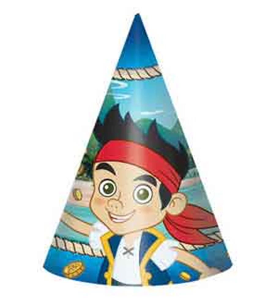 Cone-shaped party hat featuring a cartoon pirate boy with black hair, red bandana, and blue jacket on a tropical background.