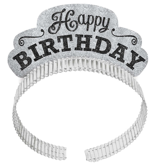 Black and white glittery tiara with "Happy Birthday" text in decorative font.