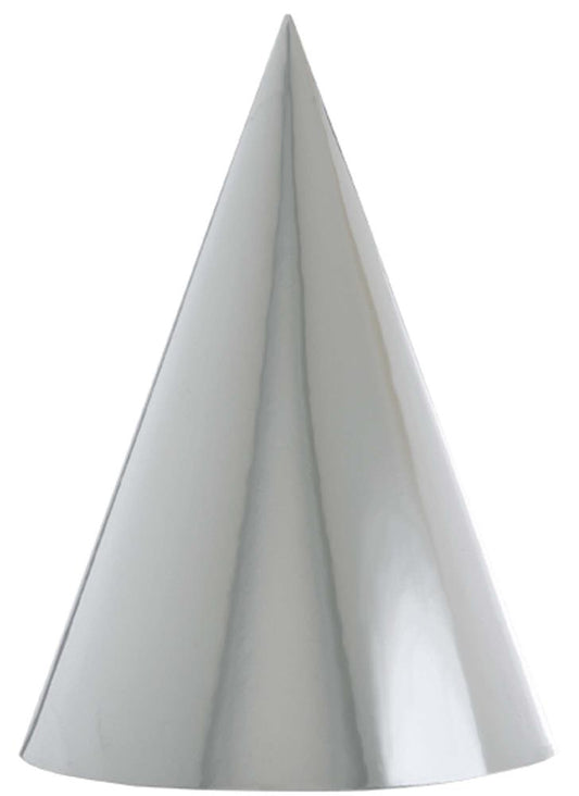 Glossy white cone party hat with a smooth, shiny surface and no visible patterns.