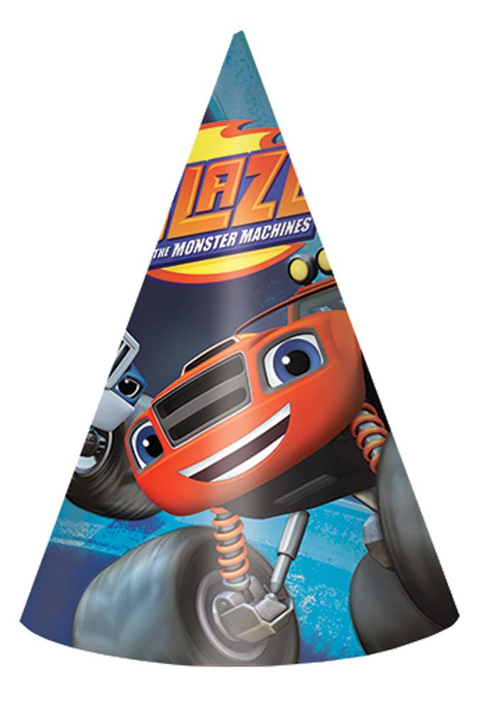 Blue and orange Blaze Monster Machines-themed party cone hat with vehicle graphic and flames.