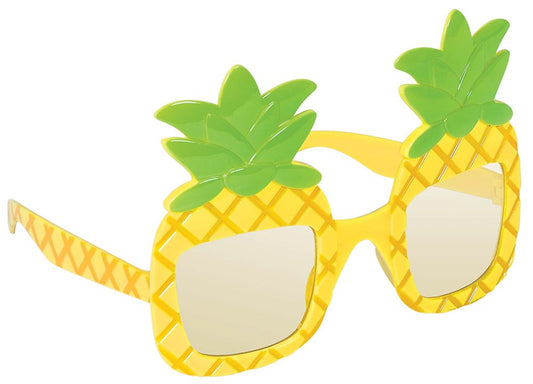 Yellow pineapple-shaped sunglasses with green leafy tops and reflective lenses.