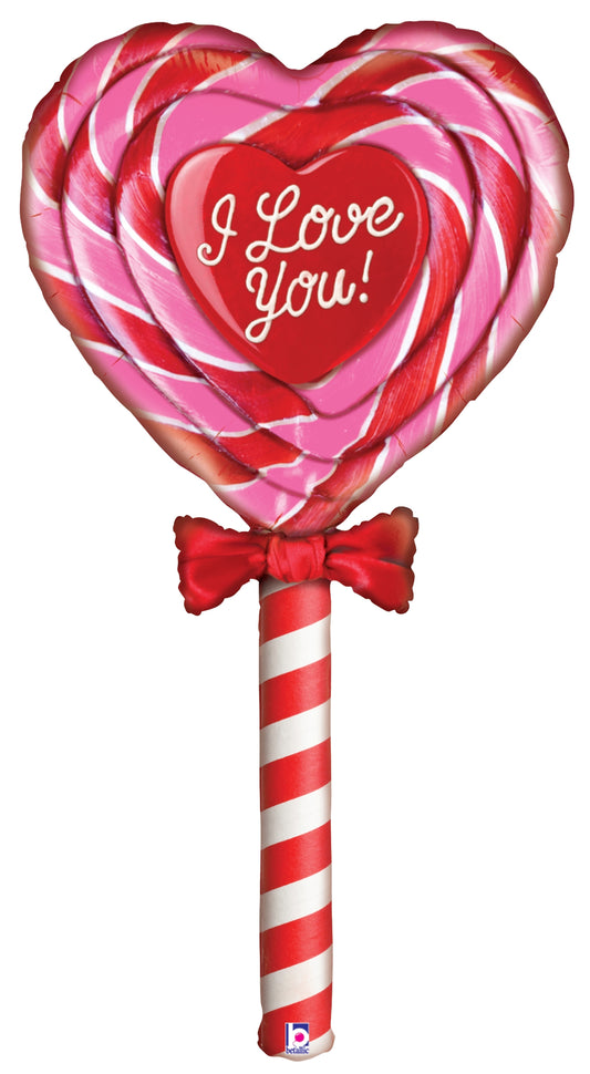 Heart-shaped red and pink foil balloon shaped like a lollipop with "I Love You!" text and a striped stick handle with a red.