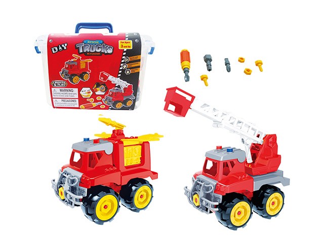 Red and yellow plastic toy fire trucks with black wheels and detachable tools, including ladder and rescue basket, next to.