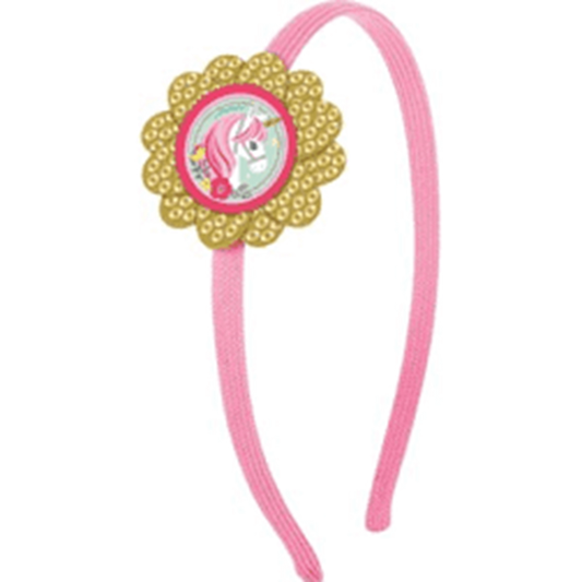 Pink plastic headband with a glittery gold flower and a colorful unicorn emblem in the center.