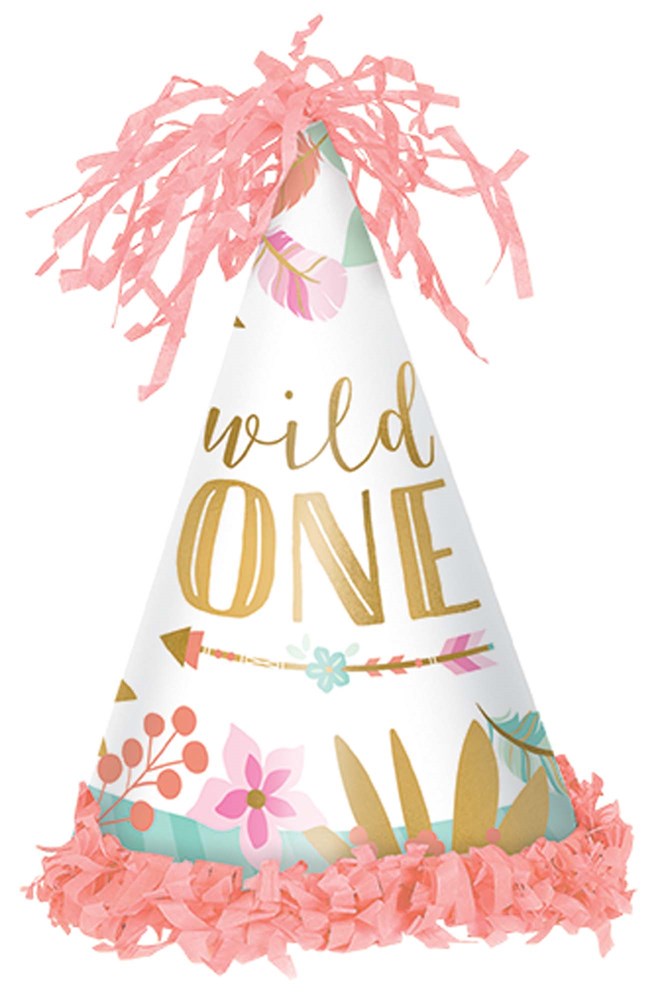 White cone party hat with pink fringe, gold "wild ONE" text, and boho floral and feather designs.