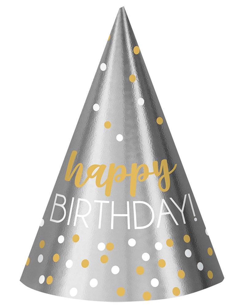 Happy Birthday Silver and Gold Printed Cone Hats 12ct