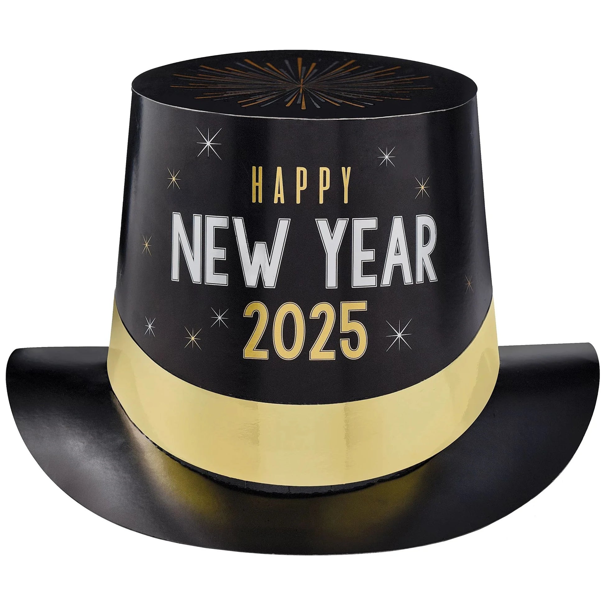 Black top hat with wide brim, gold band, and "Happy New Year 2025" in white and gold lettering.