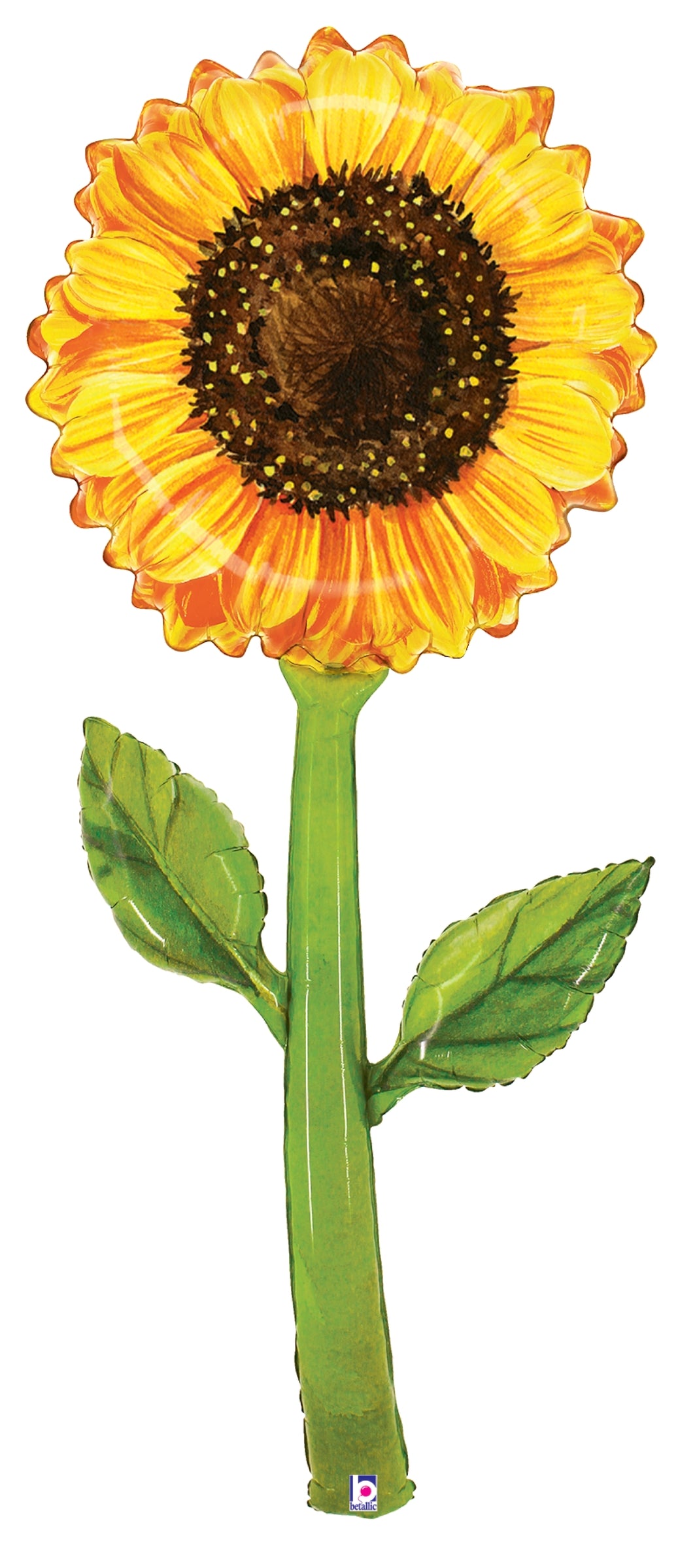 64-inch foil balloon shaped like a vibrant yellow sunflower with green leaves and stem.