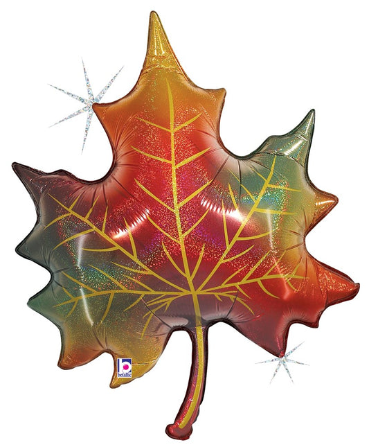30-inch holographic glitter maple leaf balloon with red, orange, yellow, and green gradient colors and visible vein.