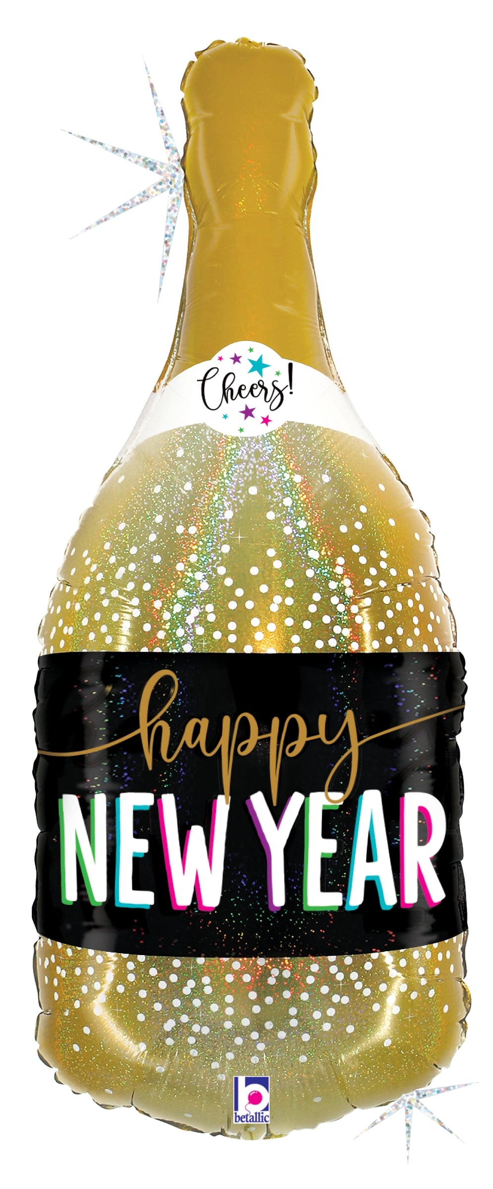 Gold holographic foil champagne bottle balloon with black "Happy New Year" banner and glitter details.