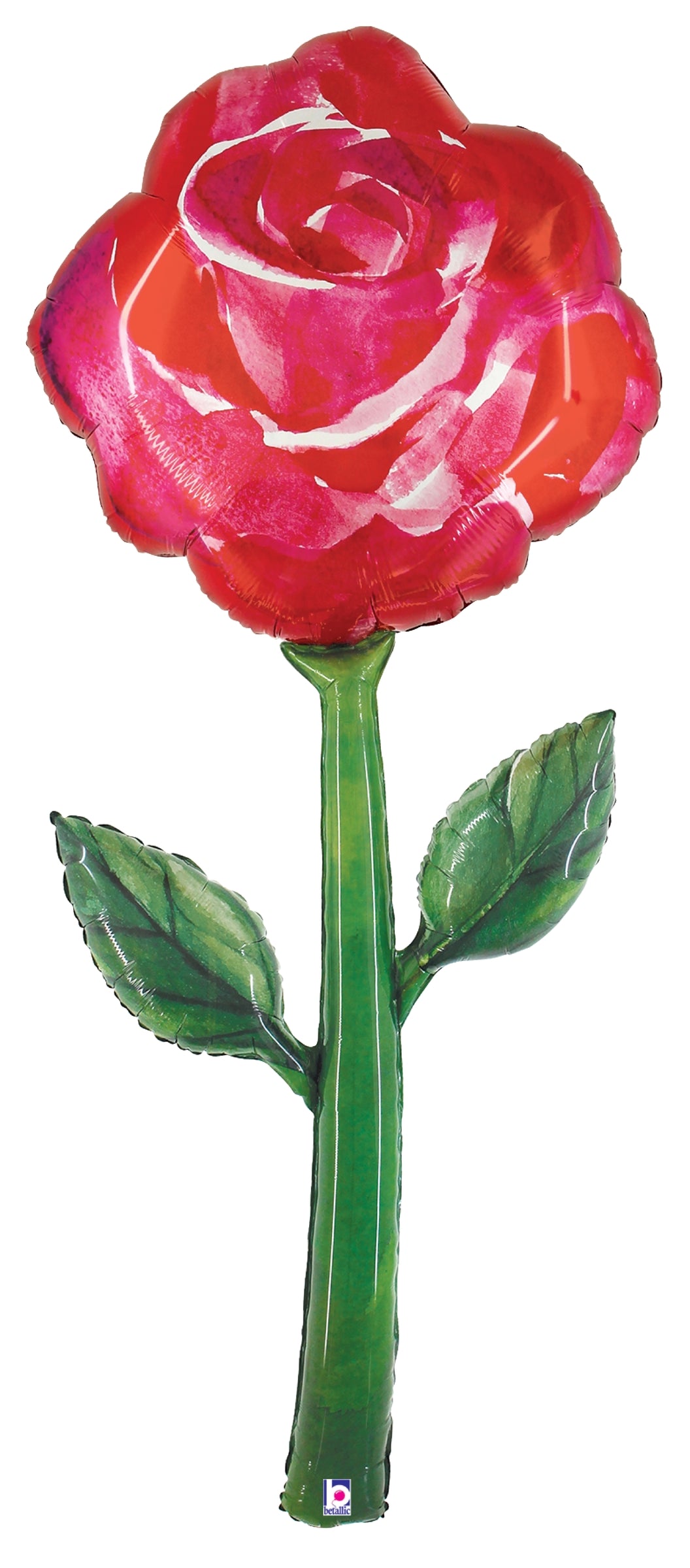 Red and pink watercolor rose shaped foil balloon with green stem and leaves, 64 inches tall.