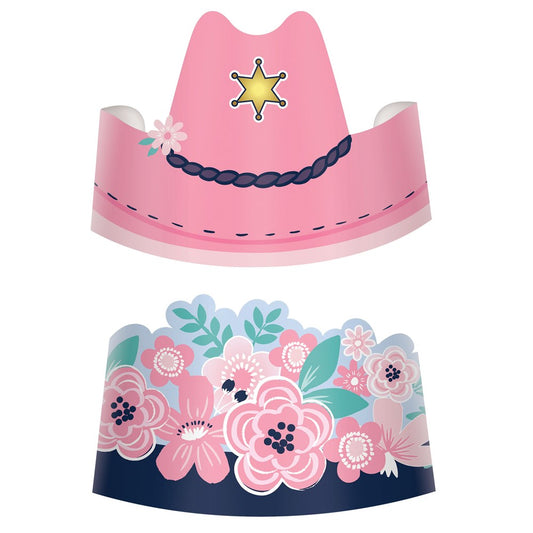 Pink cowboy paper crown with sheriff star and flower detail, floral paper crown with pink and blue flowers and green leaves.