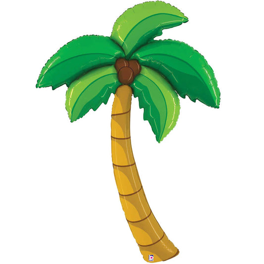 Tall foil balloon shaped like a palm tree with green leaves and a brown segmented trunk.