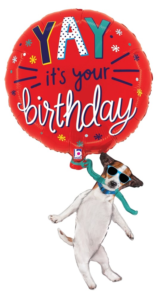 Red round foil balloon with colorful "YAY it's your birthday" text and a playful dog wearing sunglasses and a green scarf.