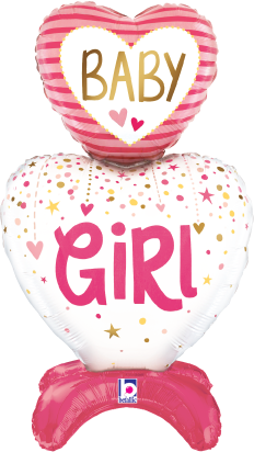 Betallic Standups Baby Girl Hearts 28 inch Air Filled Shaped Foil Balloon packed w/straw 1ct