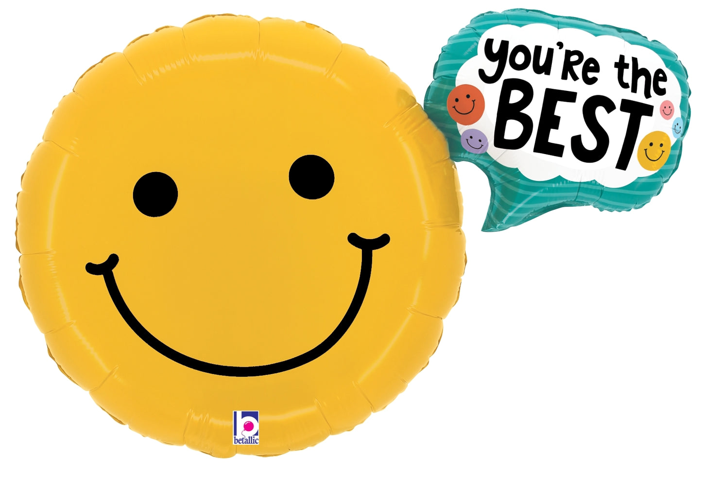 Yellow round foil balloon with a classic black smiley face and a smaller blue speech bubble saying "You're the BEST" with.